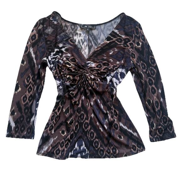 Vintage Y2K LILY Brown Animal Print Top V Neck 3/4 Sleeves Twist Front Stretch S - Picture 1 of 9